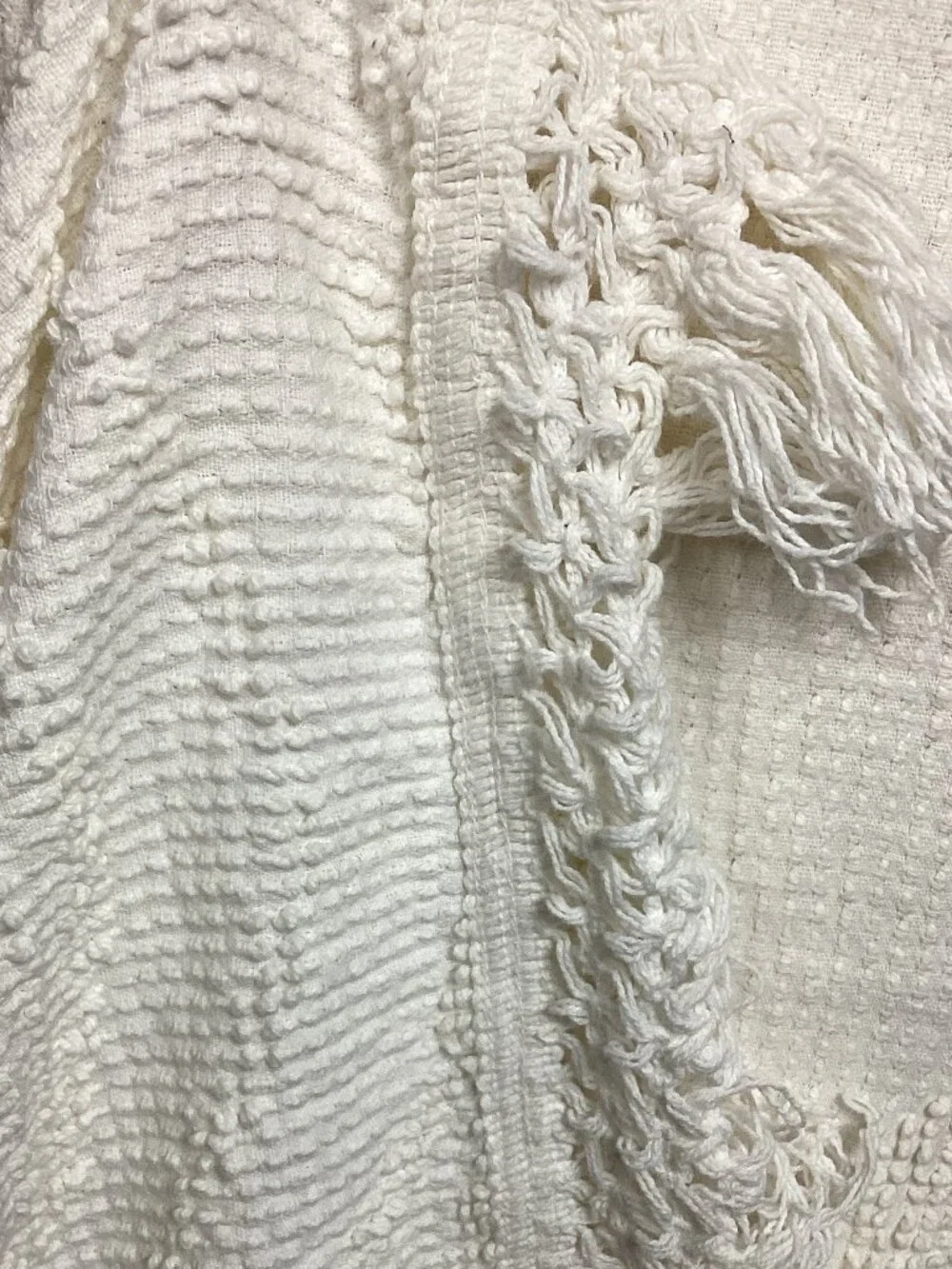 Vintage Swiss  Dot WHite Fringe Coverlet Blanket Bedspread 108x114